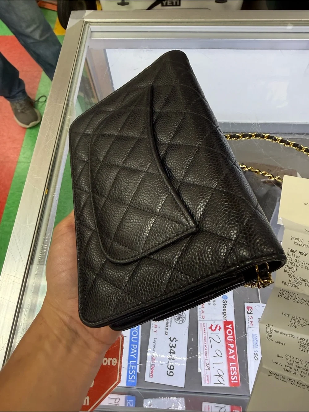 CHANEL Black Quilted Caviar Leather Wallet on Chain with Gold Purse authentic